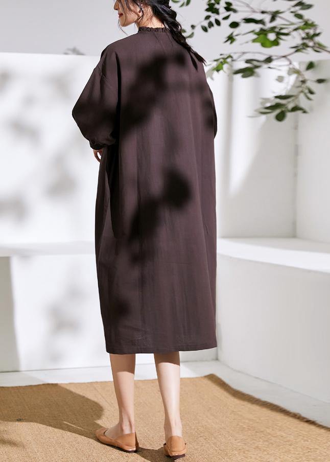 Modern half sleeve linen ruffles stand colalr dress Cotton brown Dress - bagstylebliss