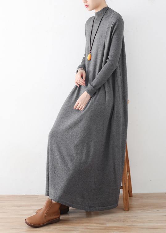 Modern high neck Batwing Sleeve falltunic dressWork gray robes Dress - bagstylebliss