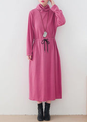 Modern high neck drawstring dresses Tutorials pink loose Dresses - bagstylebliss