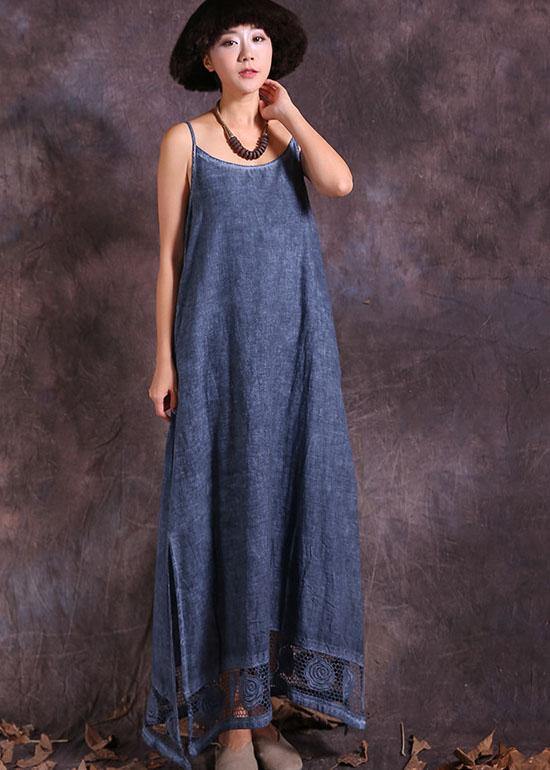 Modern hollow out hem linen clothes For Women Fashion Ideas blue side open Dress summer - bagstylebliss