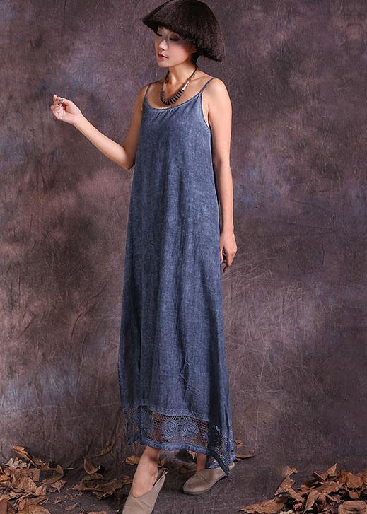 Modern hollow out hem linen clothes For Women Fashion Ideas blue side open Dress summer - bagstylebliss