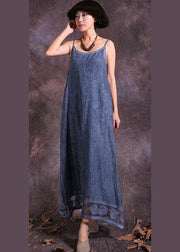 Modern hollow out hem linen clothes For Women Fashion Ideas blue side open Dress summer - bagstylebliss