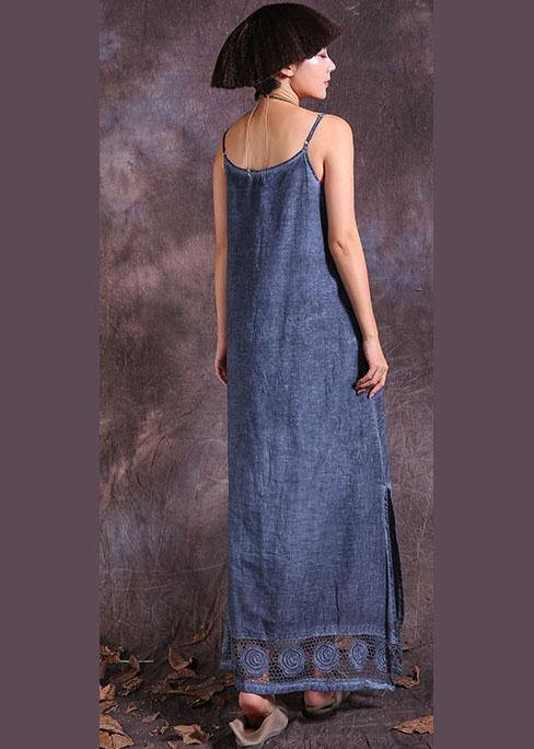 Modern hollow out hem linen clothes For Women Fashion Ideas blue side open Dress summer - bagstylebliss