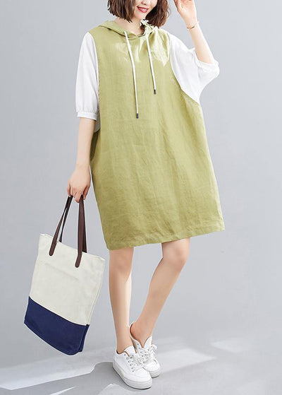 Modern hooded Batwing Sleeve linen cotton dress Sleeve green Dresses - bagstylebliss