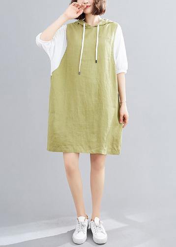 Modern hooded Batwing Sleeve linen cotton dress Sleeve green Dresses - bagstylebliss