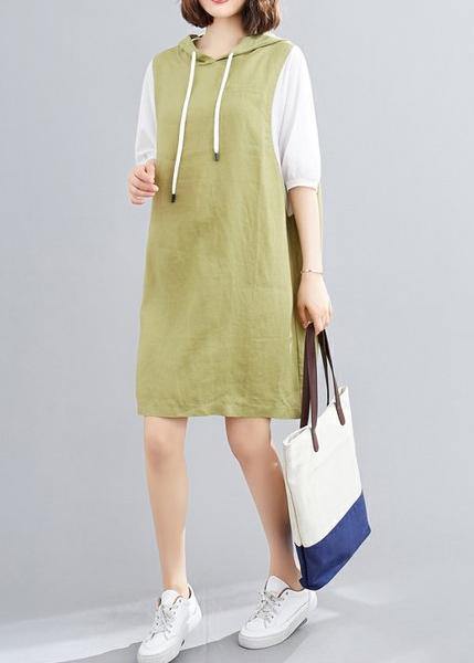 Modern hooded Batwing Sleeve linen cotton dress Sleeve green Dresses - bagstylebliss