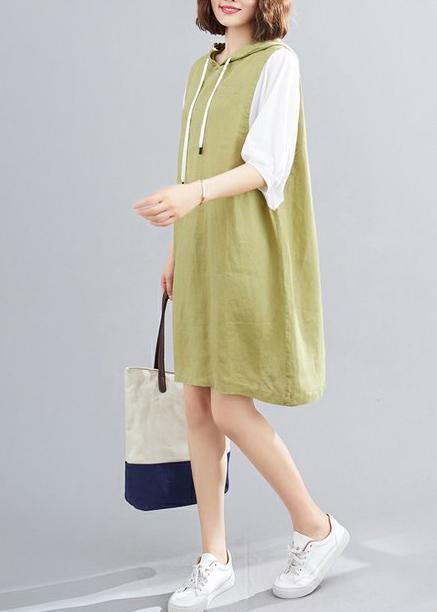 Modern hooded Batwing Sleeve linen cotton dress Sleeve green Dresses - bagstylebliss