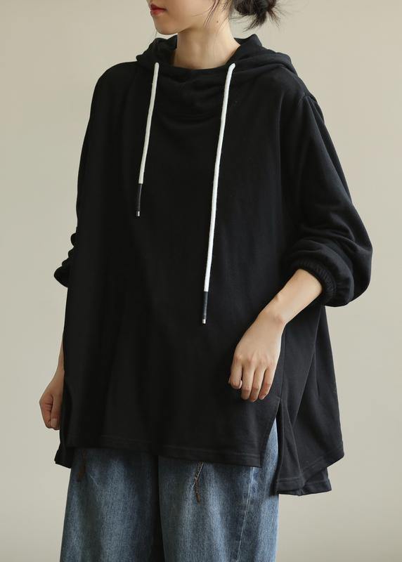 Modern hooded drawstring tunic top Cotton black shirt - bagstylebliss