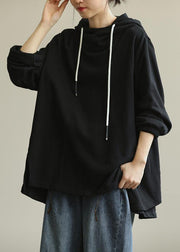 Modern hooded drawstring tunic top Cotton black shirt - bagstylebliss