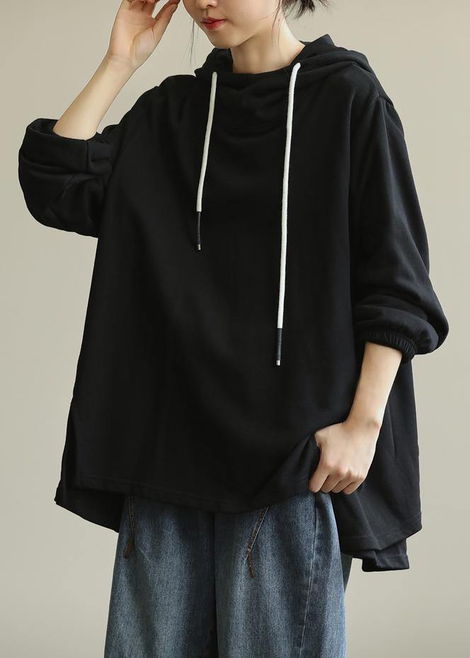 Modern hooded drawstring tunic top Cotton black shirt - bagstylebliss