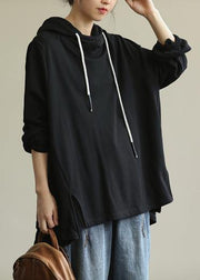 Modern hooded drawstring tunic top Cotton black shirt - bagstylebliss