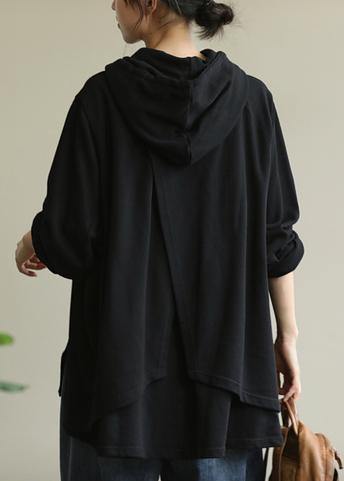 Modern hooded drawstring tunic top Cotton black shirt - bagstylebliss