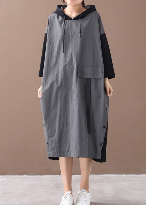 Modern hooded patchwork spring dress Work gray Maxi Dresses - bagstylebliss