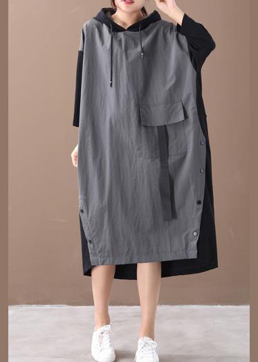 Modern hooded patchwork spring dress Work gray Maxi Dresses - bagstylebliss