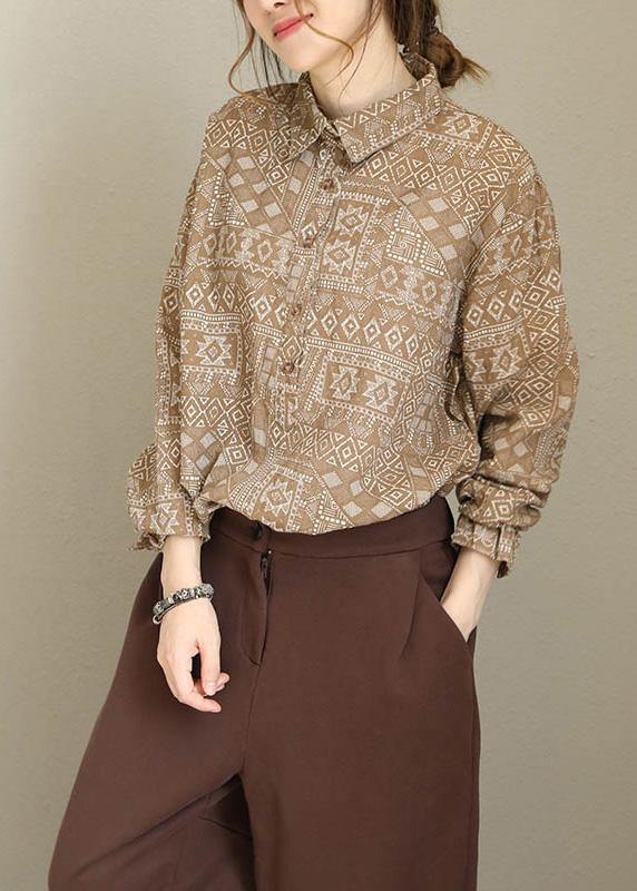 Modern khaki prints cotton linen crane tops Tutorials lapel collar long sleeve tops - bagstylebliss