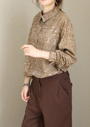 Modern khaki prints cotton linen crane tops Tutorials lapel collar long sleeve tops - bagstylebliss