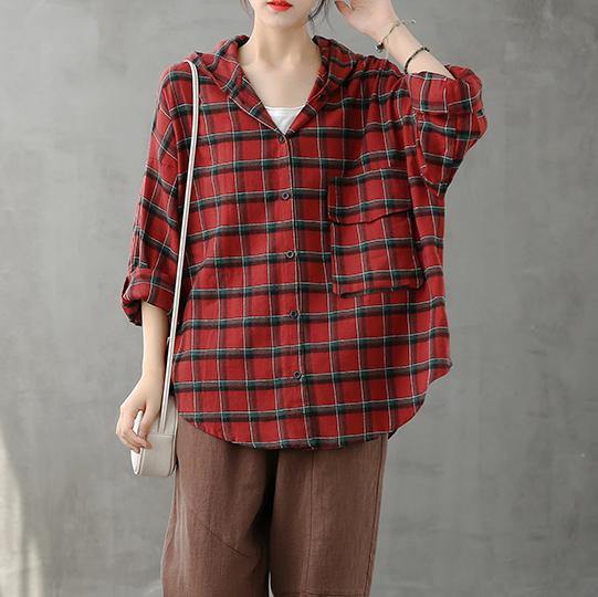 Modern lapel Button Down fall Tunic Christmas Gifts red plaid shirt - bagstylebliss