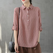 Modern lapel Button Down tops women Fabrics pink striped shirt - bagstylebliss