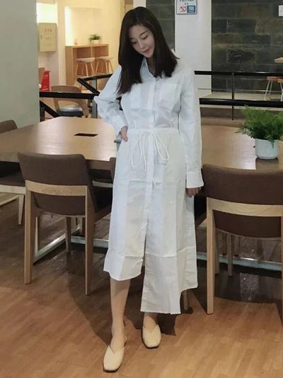 Modern lapel asymmetric cotton Tunic pattern white long shirt Dresses - bagstylebliss