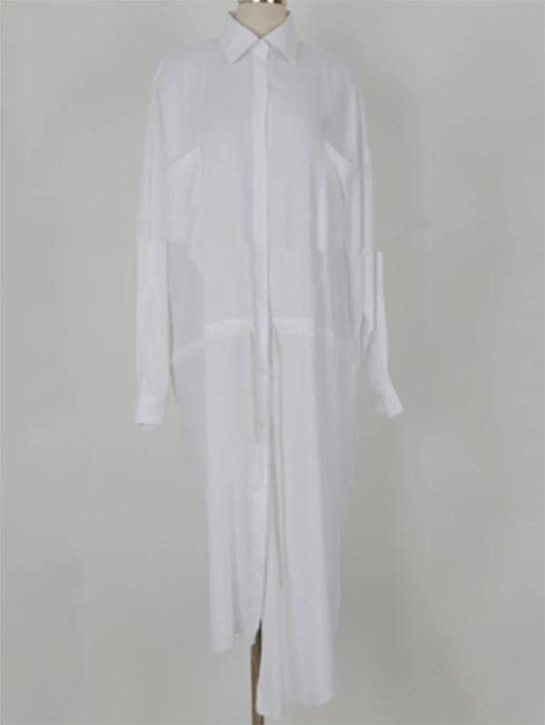 Modern lapel asymmetric cotton Tunic pattern white long shirt Dresses - bagstylebliss