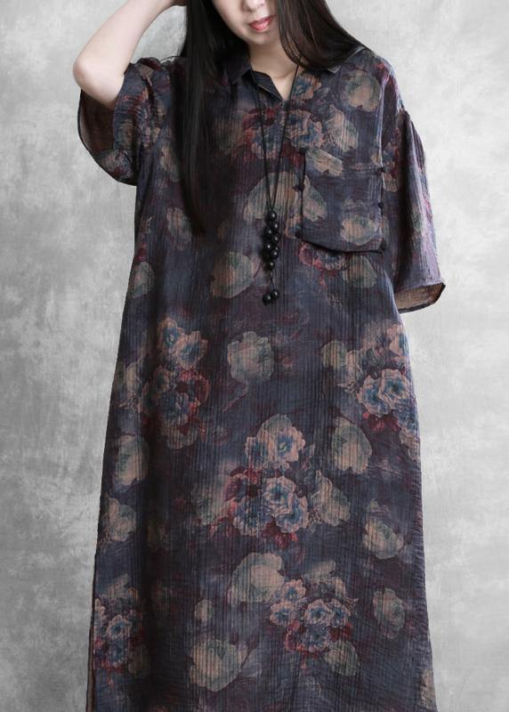 Modern lapel half sleeve summer Tunic Sleeve purple print Traveling Dresses - bagstylebliss