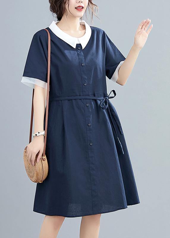 Modern lapel tie waist summer clothes For Women Neckline navy Dresses - bagstylebliss