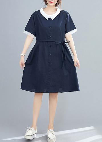 Modern lapel tie waist summer clothes For Women Neckline navy Dresses - bagstylebliss