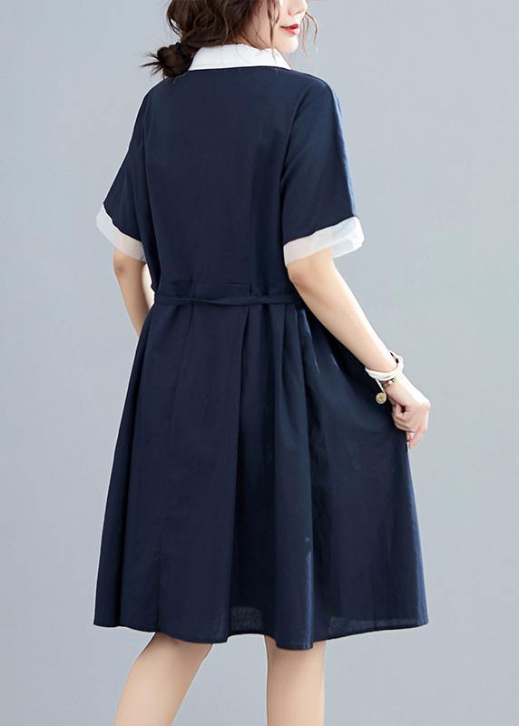 Modern lapel tie waist summer clothes For Women Neckline navy Dresses - bagstylebliss