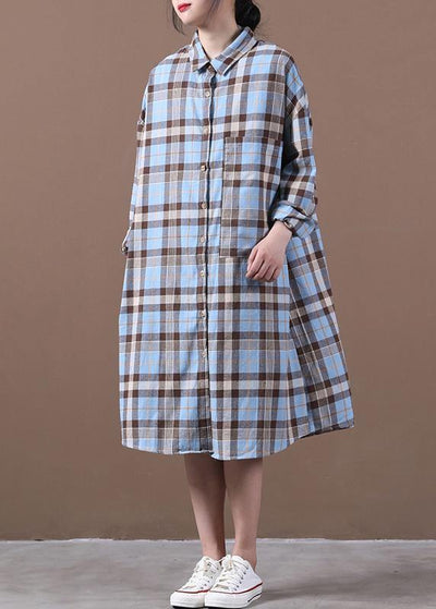 Modern lapel Cinched spring Long Shirts Work Outfits blue plaid Dresses - bagstylebliss