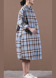 Modern lapel Cinched spring Long Shirts Work Outfits blue plaid Dresses - bagstylebliss