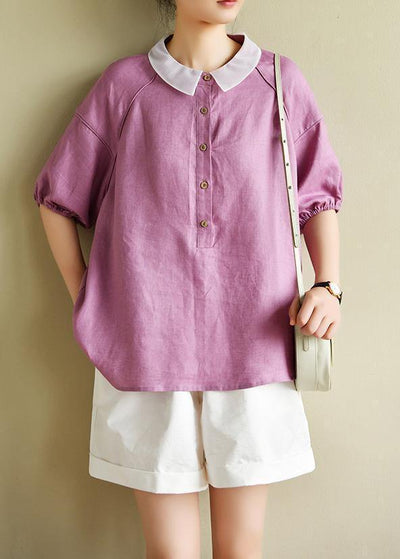 Modern light purple clothes For Women lapel half sleeve silhouette summer shirts - bagstylebliss