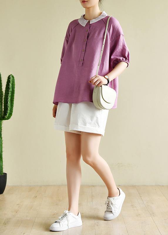 Modern light purple clothes For Women lapel half sleeve silhouette summer shirts - bagstylebliss