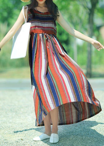 Modern multicolor striped linen dress o neck drawstring A Line summer Dresses - bagstylebliss