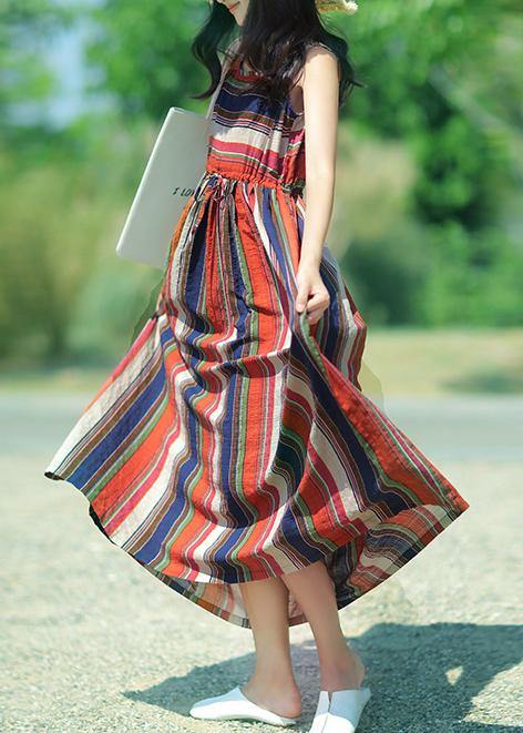 Modern multicolor striped linen dress o neck drawstring A Line summer Dresses - bagstylebliss