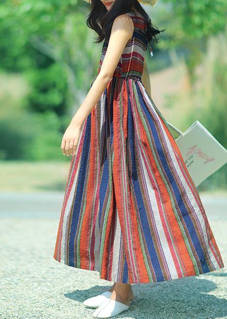 Modern multicolor striped linen dress o neck drawstring A Line summer Dresses - bagstylebliss