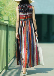 Modern multicolor striped linen dress o neck drawstring A Line summer Dresses - bagstylebliss