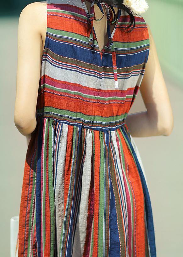 Modern multicolor striped linen dress o neck drawstring A Line summer Dresses - bagstylebliss