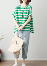 Modern o neck Batwing Sleeve cotton linen tops women blouses Christmas Gifts green striped blouses - bagstylebliss