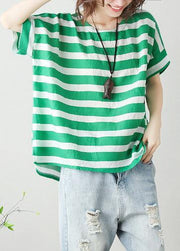 Modern o neck Batwing Sleeve cotton linen tops women blouses Christmas Gifts green striped blouses - bagstylebliss