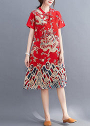 Modern o neck Chinese Button tunic dress pattern red Dragon pattern Dresses - bagstylebliss