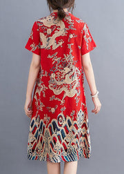 Modern o neck Chinese Button tunic dress pattern red Dragon pattern Dresses - bagstylebliss