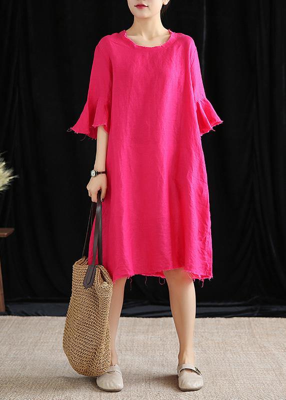 Modern o neck Petal Sleeve cotton linen clothes Women Runway rose Dress - bagstylebliss