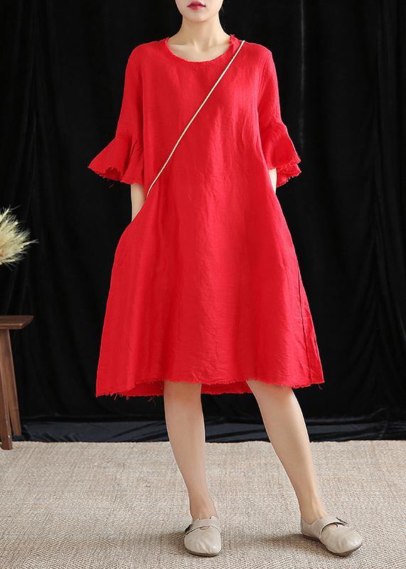 Modern o neck Petal Sleeve cotton linen clothes Women Runway rose Dress - bagstylebliss