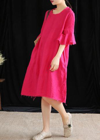 Modern o neck Petal Sleeve cotton linen clothes Women Runway rose Dress - bagstylebliss