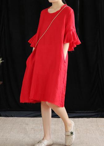 Modern o neck Petal Sleeve cotton linen clothes Women Runway rose Dress - bagstylebliss