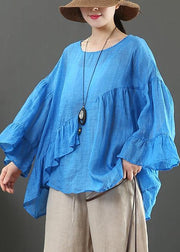 Modern o neck Ruffles linen summer clothes For Women Cotton blue tops - bagstylebliss