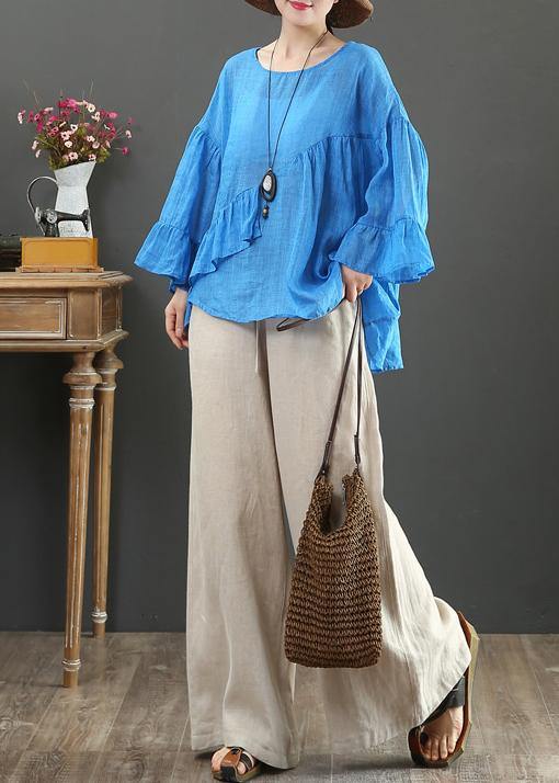 Modern o neck Ruffles linen summer clothes For Women Cotton blue tops - bagstylebliss