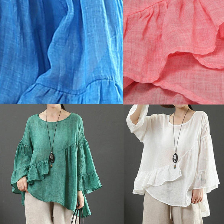 Modern o neck Ruffles linen summer clothes For Women Cotton blue tops - bagstylebliss