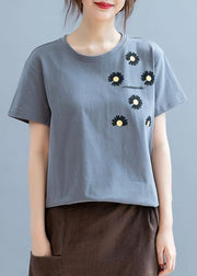 Modern o neck clothes For Women design gray daisy print shirt - bagstylebliss