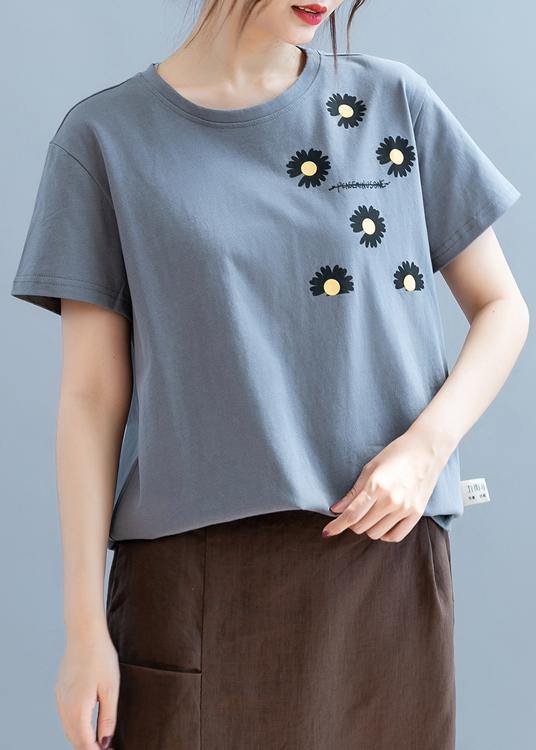 Modern o neck clothes For Women design gray daisy print shirt - bagstylebliss